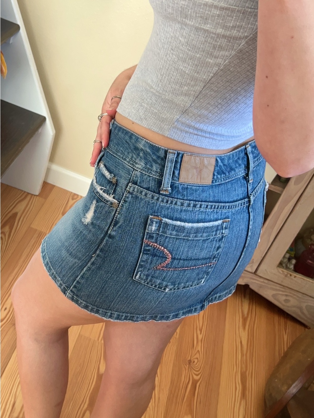 Vintage Y2K American Eagle Faded Denim Super Mini Skirt Low rise Pink Rhinestone - Picture 1 of 12
